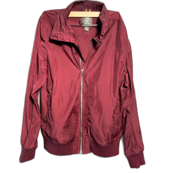 Timberland Burgundy Windbreaker Jacket Men’s L Zip Front Lightweight Stains - Picture 1 of 6